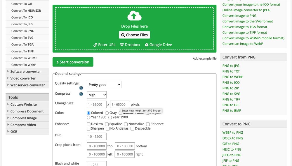A screenshot of the Online Covert PNG to JPG conversion tool